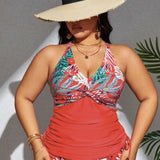 Swim Lushore Ropa de playa de talla grande con estampado tropical de patchwork, conjunto de traje de bano con parte superior de cordon colgante lateral y panty tipo triangular, verano