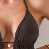 Bikini sexy para mujer con cuello halter ajustable y ribete con volantes de unicolor para playa en verano