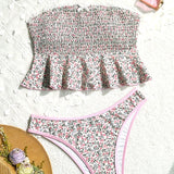 Swim Mod Conjunto de bikini para mujer con estampado floral aleatorio y tirantes tipo espagueti