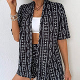 VCAY Conjunto de camisa y pantalon corto para mujer con estampado aleatorio para uso diario y sencillo