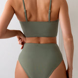 Swim Traje de bano de tirante simple plisado en un solo color para mujer con fondo de bikini, perfecto para vacaciones