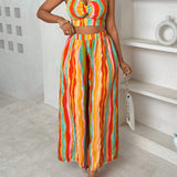 Slayr Conjunto de traje de verano elegante con la parte superior estilo bandeau y pantalones largos impreso con rayas coloridas para mujer en vacaciones