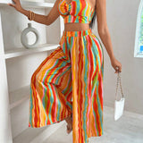 Slayr Conjunto de traje de verano elegante con la parte superior estilo bandeau y pantalones largos impreso con rayas coloridas para mujer en vacaciones
