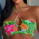 Swim Bikini cruzado hueco con diseno tropical estampado de plantas para playa de verano de mujer con cuello halter