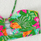 Swim Bikini cruzado hueco con diseno tropical estampado de plantas para playa de verano de mujer con cuello halter