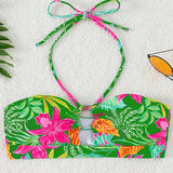 Swim Bikini cruzado hueco con diseno tropical estampado de plantas para playa de verano de mujer con cuello halter