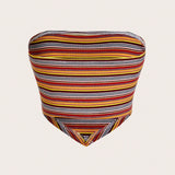EZwear Top de banda asimetrico de punto ajustado y con dobladillo asimetrico de rayas coloridas para vacaciones