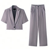 Traje de chaqueta y pantalon de manga corta unicolor para mujeres, adecuado para el verano