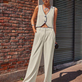 Conjunto de chaleco y pantalon largo para mujer de primavera/verano con ribete de contraste de color para uso diario
