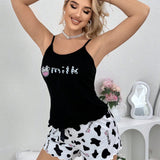 Conjunto de pijama con top de tirantes con estampado de vaca y shorts