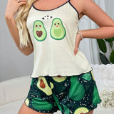 Conjunto de top de tanque y shorts estampados con aguacate para mujer