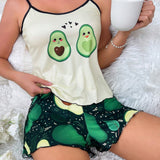 Conjunto de top de tanque y shorts estampados con aguacate para mujer