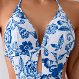 Swim Traje de bano de una pieza para mujer con estampado floral y decoracion de lazo en el cuello, perfecto para vacaciones