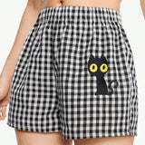 ROMWE Kawaii Shorts holgados a cuadros con bordado de gato para mujer, ideal para estar en casa y el tiempo libre