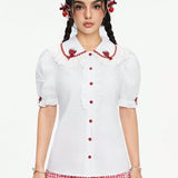 ROMWE Kawaii Camisa suelta para mujer con mangas abullonadas y bordado de fresa en bloque de color lindo