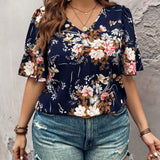 Camisa informal de verano para mujer de a grande con cuello en V y estampado floral