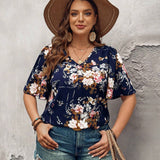 Camisa informal de verano para mujer de a grande con cuello en V y estampado floral