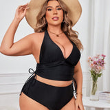 Swim SXY Conjunto de traje de bano de dos piezas estilo tankini con cuello Halter, top con dibujos en los lados y braga triangular en unicolor para verano y vacaciones en la playa