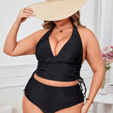 Swim SXY Conjunto de traje de bano de dos piezas estilo tankini con cuello Halter, top con dibujos en los lados y braga triangular en unicolor para verano y vacaciones en la playa