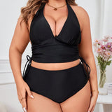 Swim SXY Conjunto de traje de bano de dos piezas estilo tankini con cuello Halter, top con dibujos en los lados y braga triangular en unicolor para verano y vacaciones en la playa