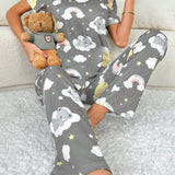 Conjunto de pijama de verano lindo para mujer con estampado de nubes y pandas