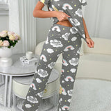 Conjunto de pijama de verano lindo para mujer con estampado de nubes y pandas