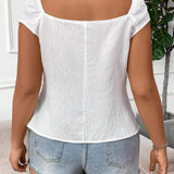 Blusa de manga corta de a grande con ribete de encaje y cintura elastica en un unicolor de moda para mujeres