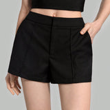 Ontre Shorts de mujer de ajuste estrecho y afilado con bolsillo y unicolor para verano, negro, profesional