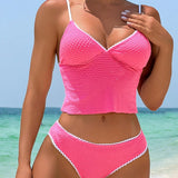 VCAY Conjunto de tankini para mujer con parte superior cami blanca para playa de verano con ribete de borde de color bloqueado y borde festoneado, y Bottom de triangulo