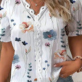 Camisa elegante casual de verano con diseno de patron floral y tamano grande para mujer, con estampado al azar, encaje y bordes florales