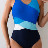 Traje de bano femenino de una sola pieza diario y simple con bloques de color, prendas de bano de verano con cobertura total para playa