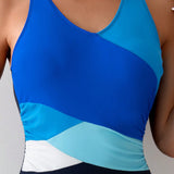 Traje de bano femenino de una sola pieza diario y simple con bloques de color, prendas de bano de verano con cobertura total para playa