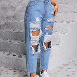 PETITE Jeans de mezclilla con forma conica y desgaste con bolsillos para mujer, para uso diario y casual