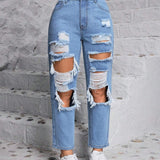 PETITE Jeans de mezclilla con forma conica y desgaste con bolsillos para mujer, para uso diario y casual