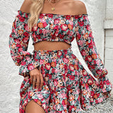 VCAY Conjunto de top y falda con diseno floral y ribete de volantes en hombros descubiertos para mujer, conjunto para dias festivos