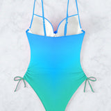 Swim Traje de bano de una pieza con degradado de color para playa de verano con cordon en ambos lados