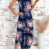 Clasi Top sin mangas con cuello redondo y estampado floral y pantalones de dobladillo asimetrico, elegante conjunto de dos piezas para el verano