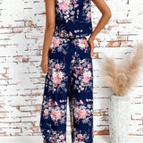 Clasi Top sin mangas con cuello redondo y estampado floral y pantalones de dobladillo asimetrico, elegante conjunto de dos piezas para el verano