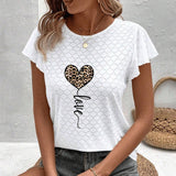 Camiseta casual de verano para mujer con corazon estampado de leopardo, cuello redondo y mangas de gorra