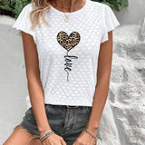 Camiseta casual de verano para mujer con corazon estampado de leopardo, cuello redondo y mangas de gorra