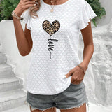 Camiseta casual de verano para mujer con corazon estampado de leopardo, cuello redondo y mangas de gorra