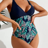 Swim Traje de bano de una sola pieza con escote en V profundo para mujer para vacaciones en la playa con estampado de hojas