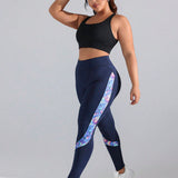 Leggings deportivos para mujeres de talla grande, con estampado de tenido anudado y parcheado, bloque de color y realce de gluteos