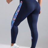 Leggings deportivos para mujeres de talla grande, con estampado de tenido anudado y parcheado, bloque de color y realce de gluteos