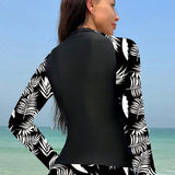 Swim Top de traje de bano diario simple para mujer, de unicolor con empalme de estampado