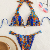 Swim Conjunto de bikini sexy de verano para mujeres con estampado floral pequeno y atado al cuello