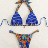 Swim Conjunto de bikini sexy de verano para mujeres con estampado floral pequeno y atado al cuello