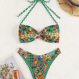 Swim Conjunto de traje de bano para mujer con estampado floral de verano y cuello halter con lazo