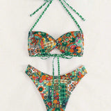 Swim Conjunto de traje de bano para mujer con estampado floral de verano y cuello halter con lazo