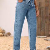 LUNE Pantalones Jeans casuales y conicos para mujer con cintura de bolsa de papel, cinturon y bolsillos